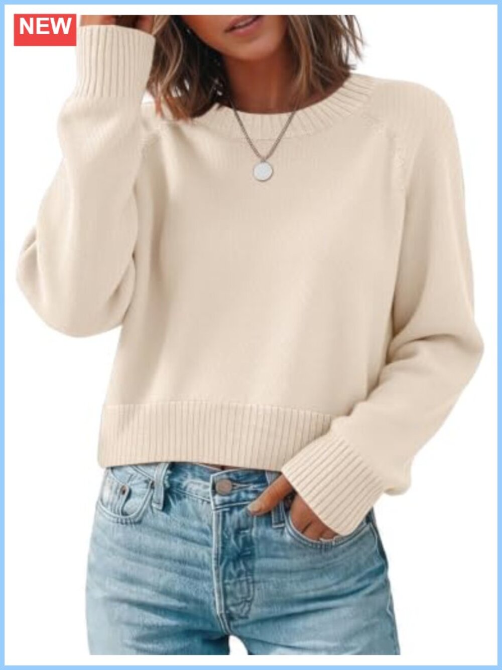 Cropped Crewneck Pullover Sweater for Women Knit Long Sleeve Fall Layering Top